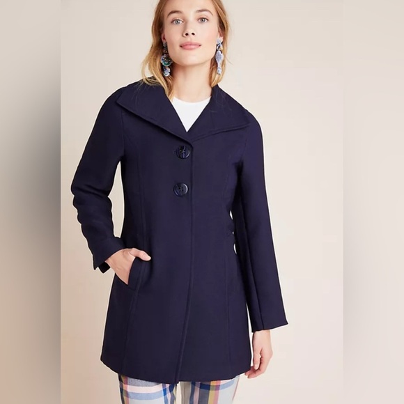 Anthropologie by Anthropologie Navy Blue Wellesley Pleated Pea Coat size S - Picture 2 of 11